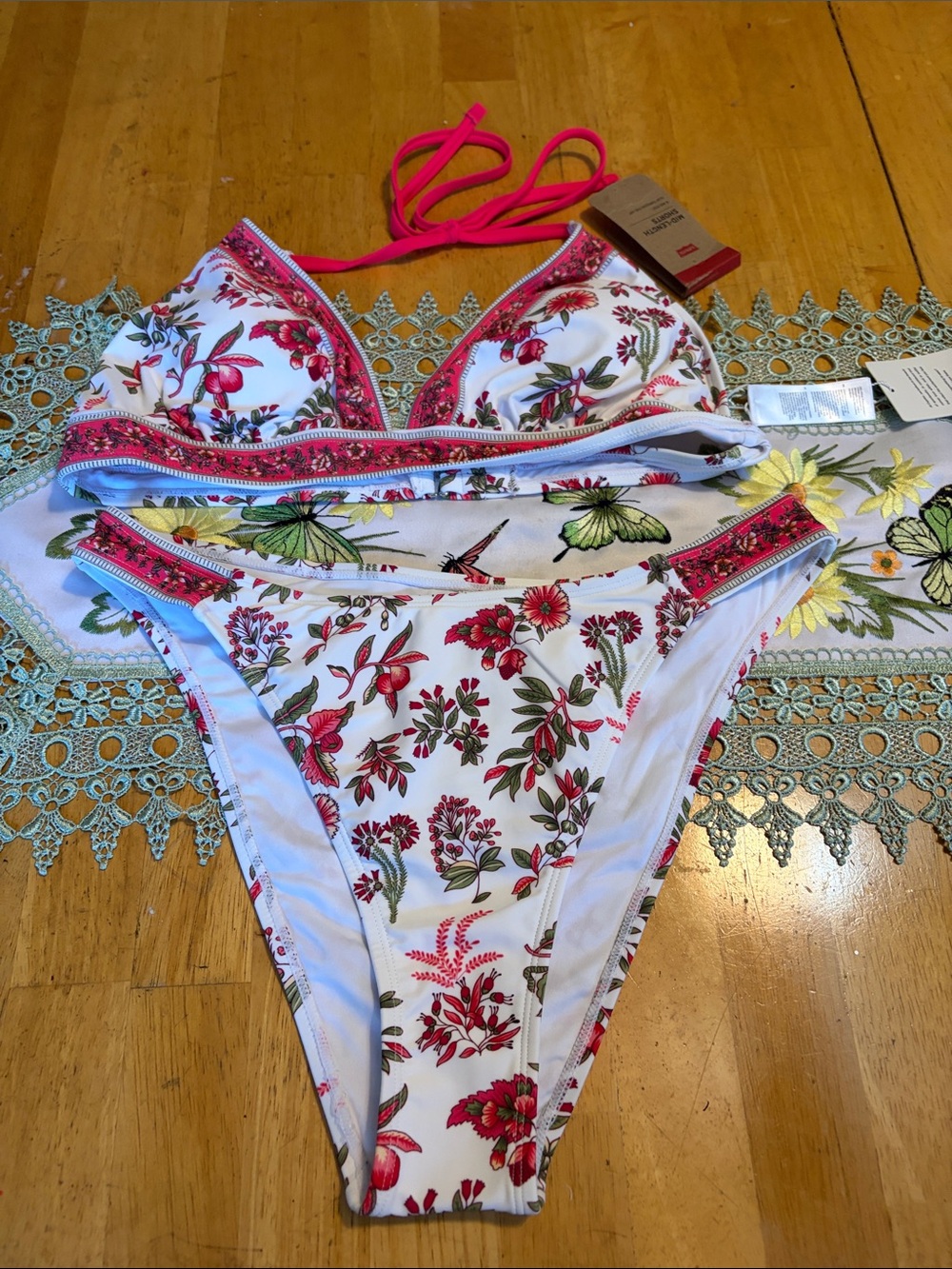 Cupshe White Floral Halter Bikini with Pink Trim